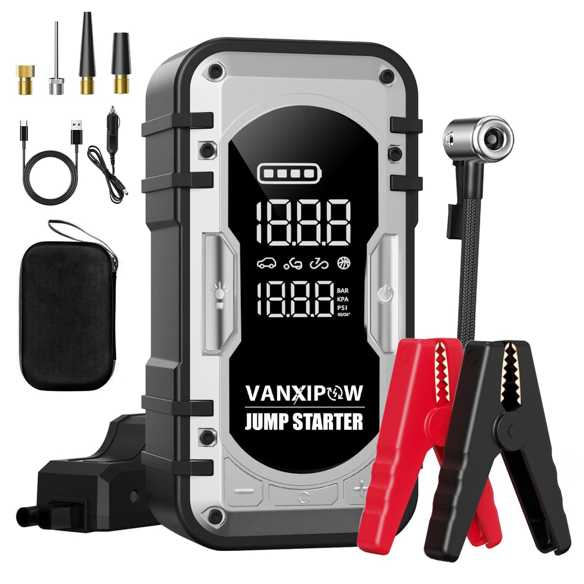 VANXIPOW front view showing jump starter and air compressor - portable rescue tool