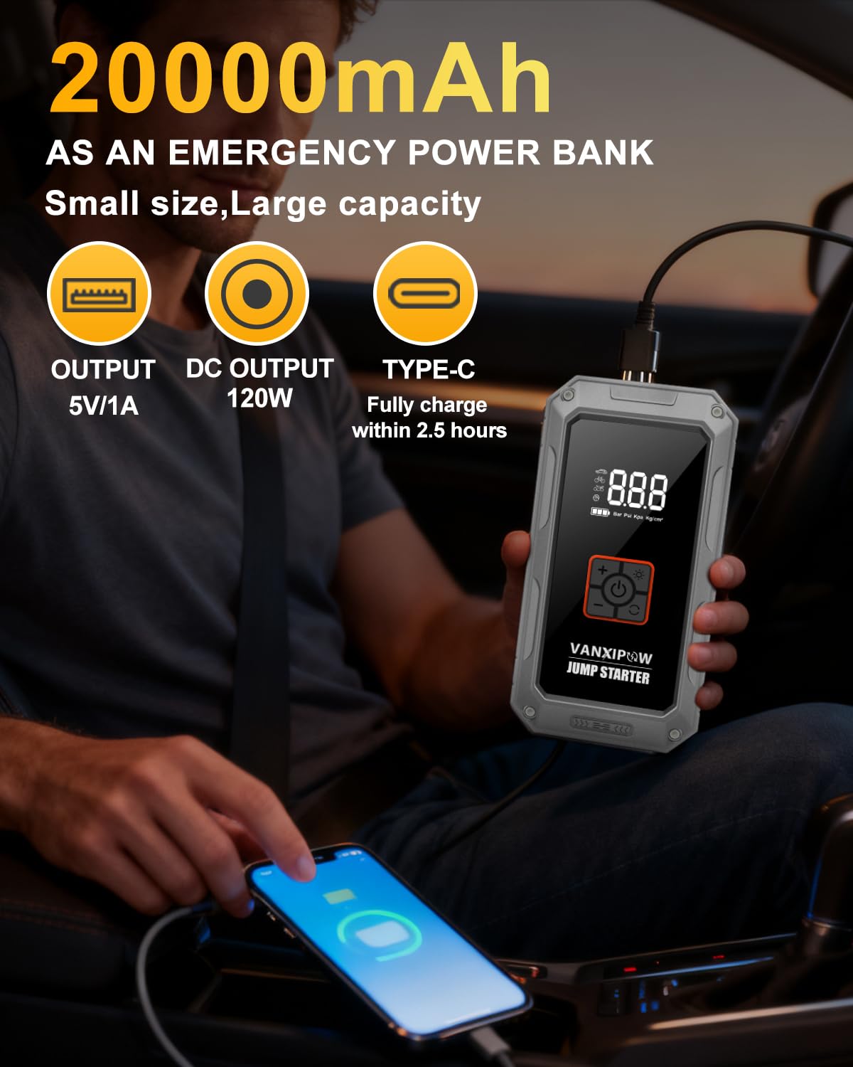 VANXIPOW M1 placed in car trunk during roadside emergency demonstrating versatile preparedness