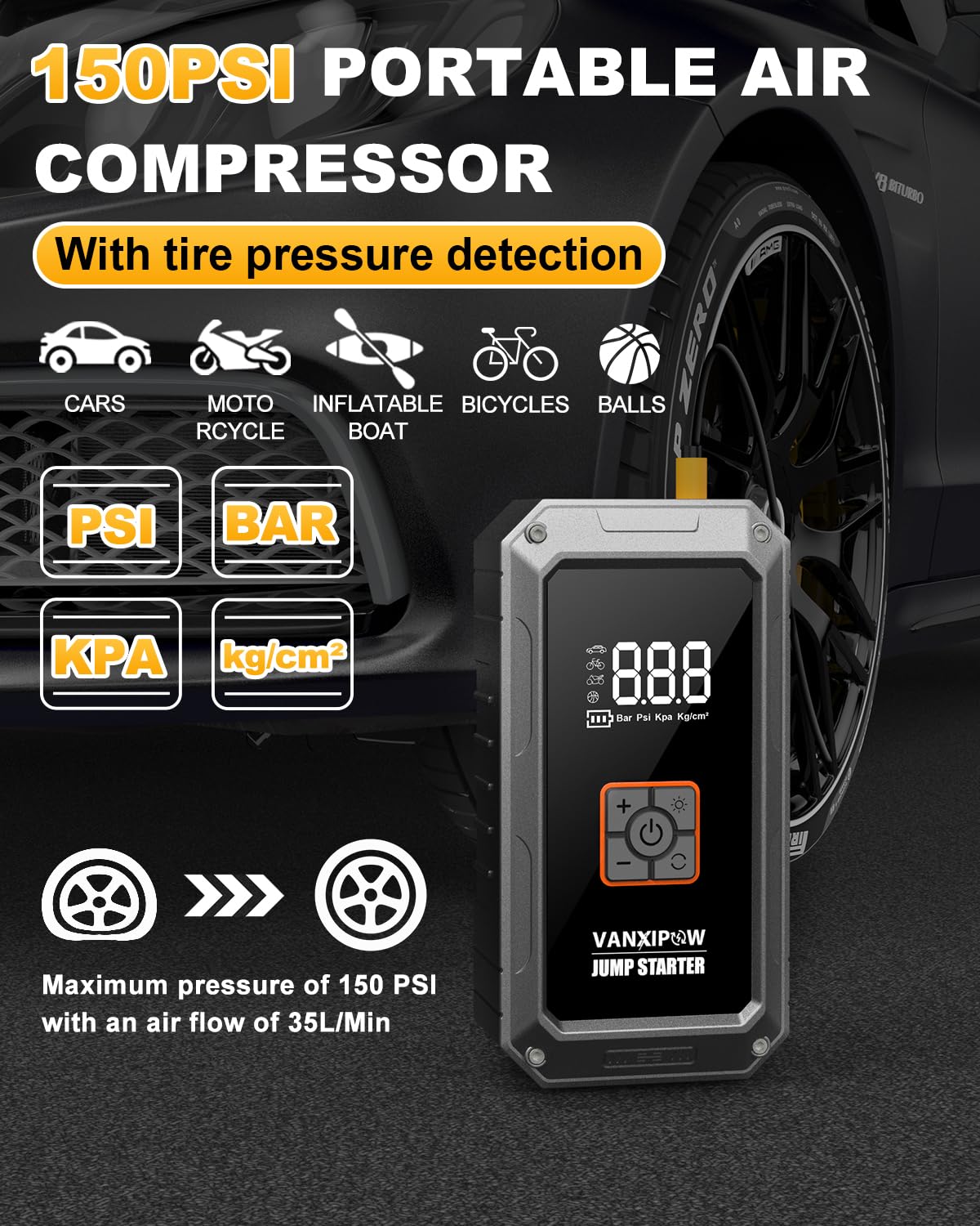 VANXIPOW M1 detachable air hose with valve fittings for fast, versatile tire inflation
