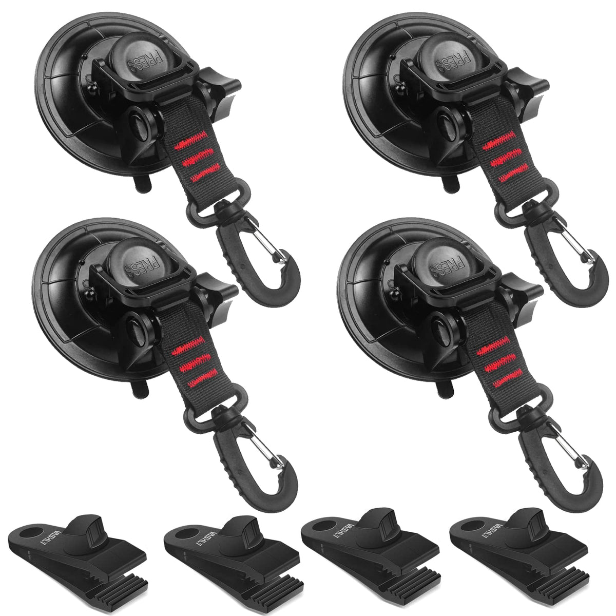 Vashly front packaging showing 4 suction cup anchors and 4 tarp clips for fast secure mounting