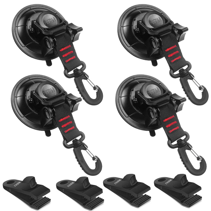 Vashly front packaging showing 4 suction cup anchors and 4 tarp clips for fast secure mounting