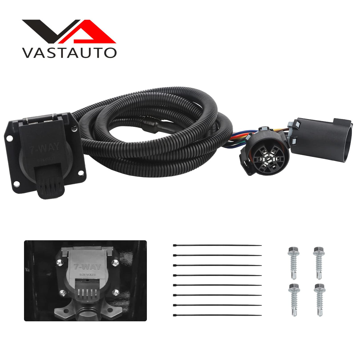 VASTAUTO packaged harness with label showing included part numbers and warranty