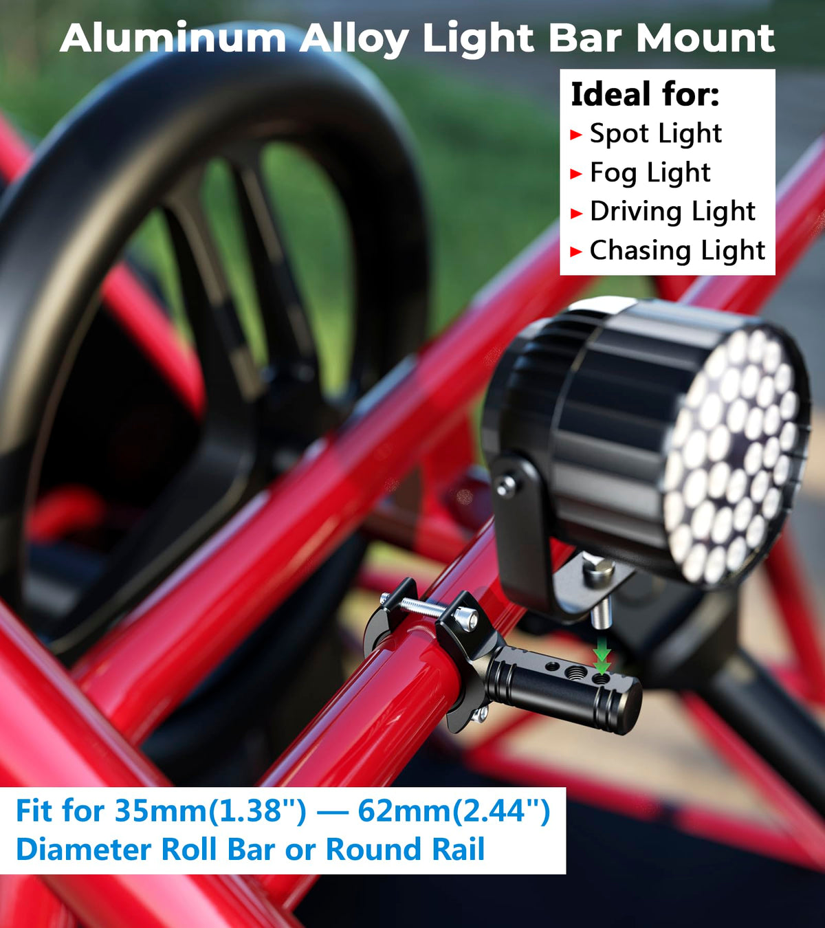 VAZESWIN mounted on motorcycle roll bar securing auxiliary light reliably