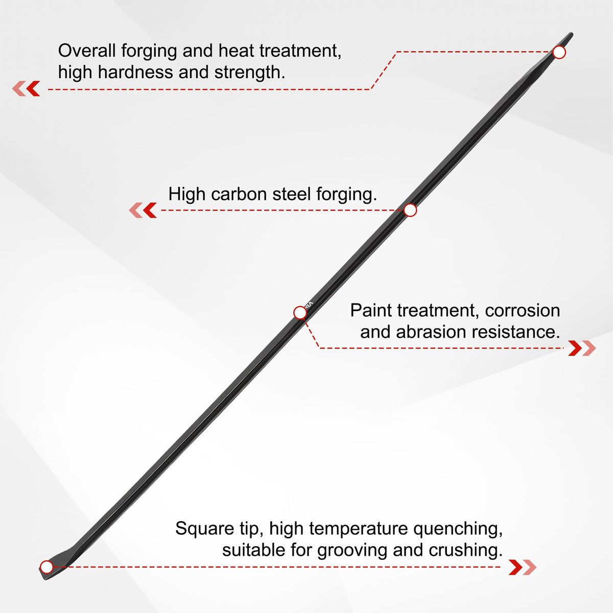 Vbeca pry bar tapered end detail for precise bolt and rim alignment