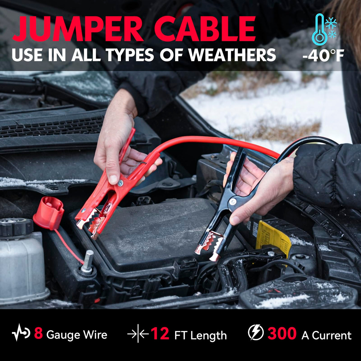 VCAN ACTIVE heavy-duty jumper cables close-up showing thick insulated clamps for reliable starts