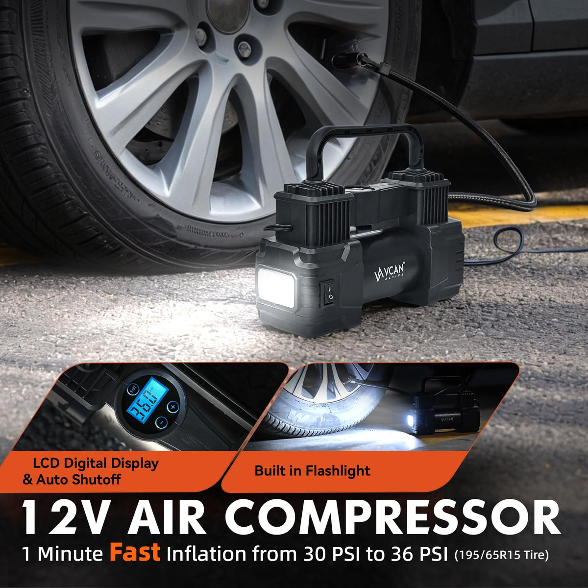 VCAN ACTIVE portable air compressor inflating a tire fast for safe on-road repairs
