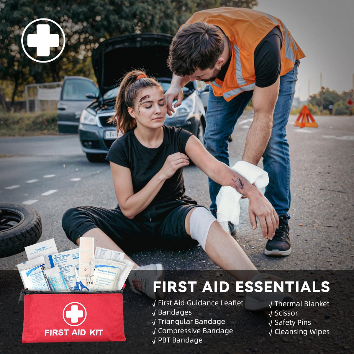 VCANENERGY first aid kit pouch showing bandages and emergency supplies for wound care