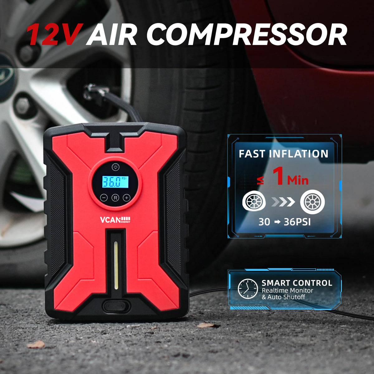 VCANENERGY digital air compressor closeup with LED light for precise inflation
