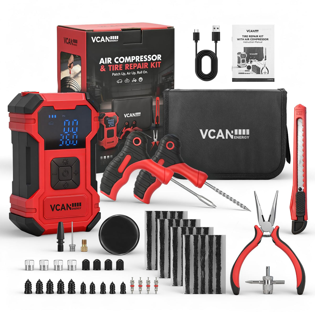 VCANENERGY front packaging showing complete roadside repair kit and benefits