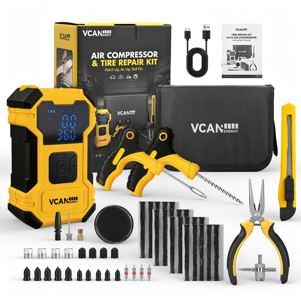 VCANENERGY kit packaging front view showing complete roadside repair set and portability