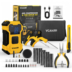 VCANENERGY kit packaging front view showing complete roadside repair set and portability