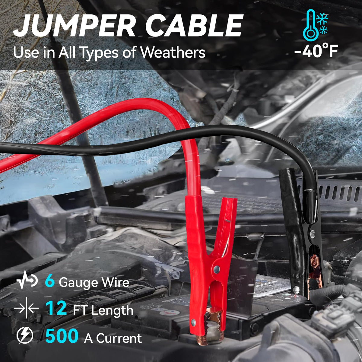 VCANENERGY jumper cables clip detail illustrating heavy-duty grip and cold resistance