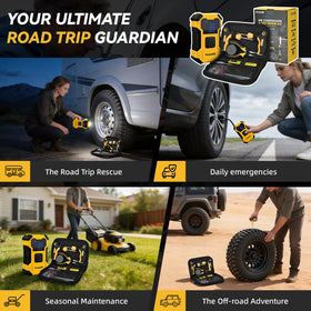 VCANENERGY roadside scene with user repairing tire showing confidence and safety