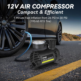 VCANENERGY portable air compressor close-up showing compact design for fast inflation