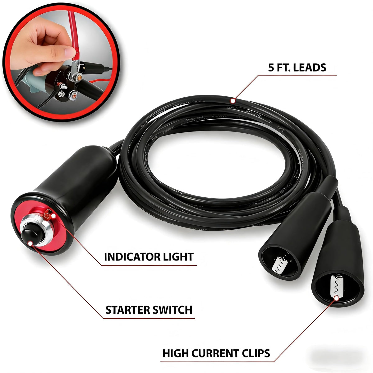 VCC heavy-gauge 5ft wire detail showing durable insulation and reach benefit