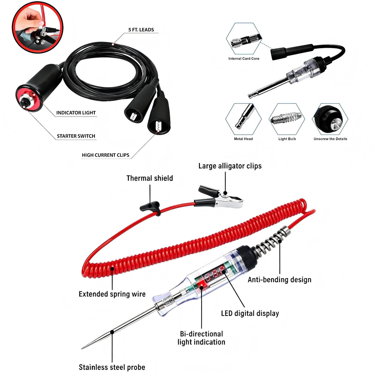 VCC digital test light display and probe highlighting 5–80V range for versatile diagnostics
