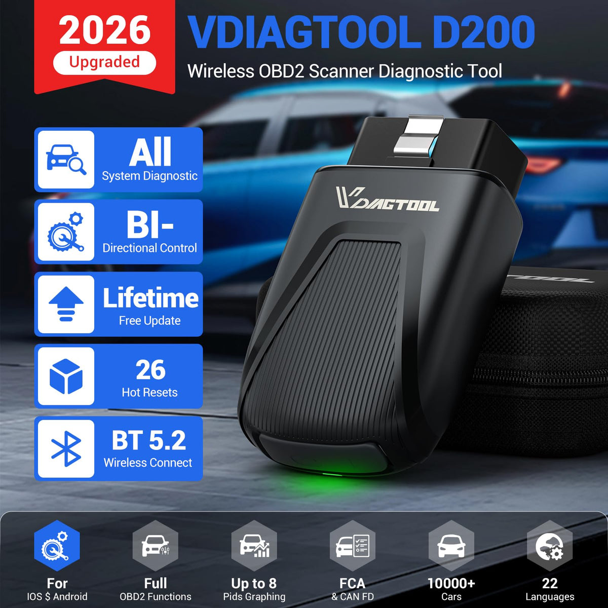 VDIAGTOOL D200 OBD2 connector close-up enabling secure vehicle plug-in fit
