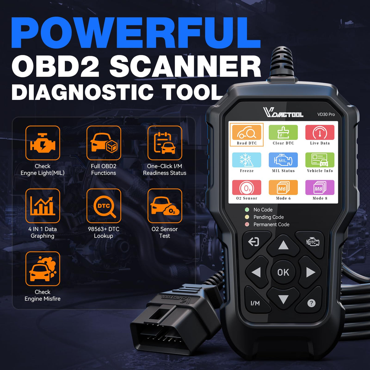 VDIAGTOOL VD30 Pro plugged into car OBD port enabling immediate diagnostics