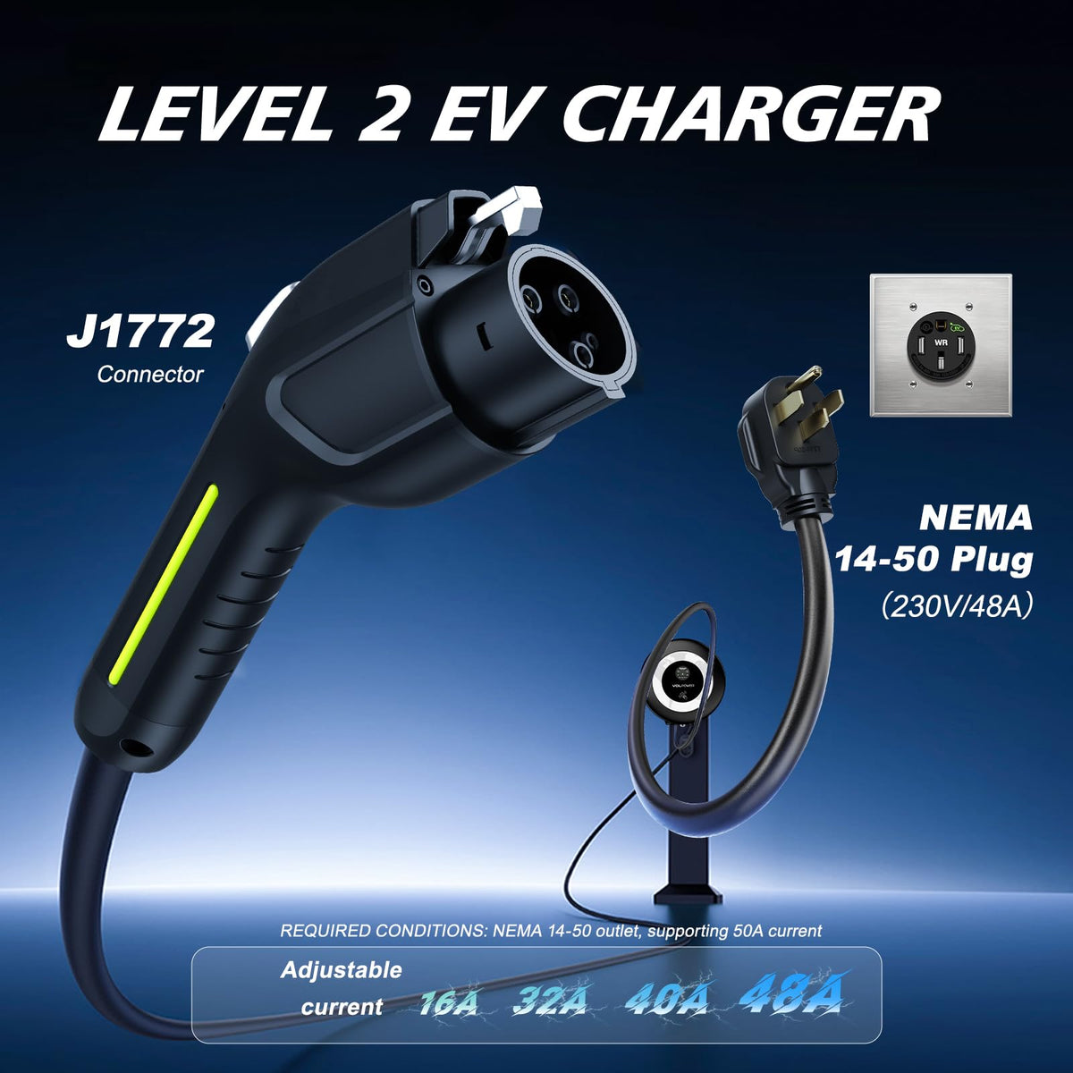 VDLPOWERVP J1772 connector closeup, clear plug for wide EV compatibility