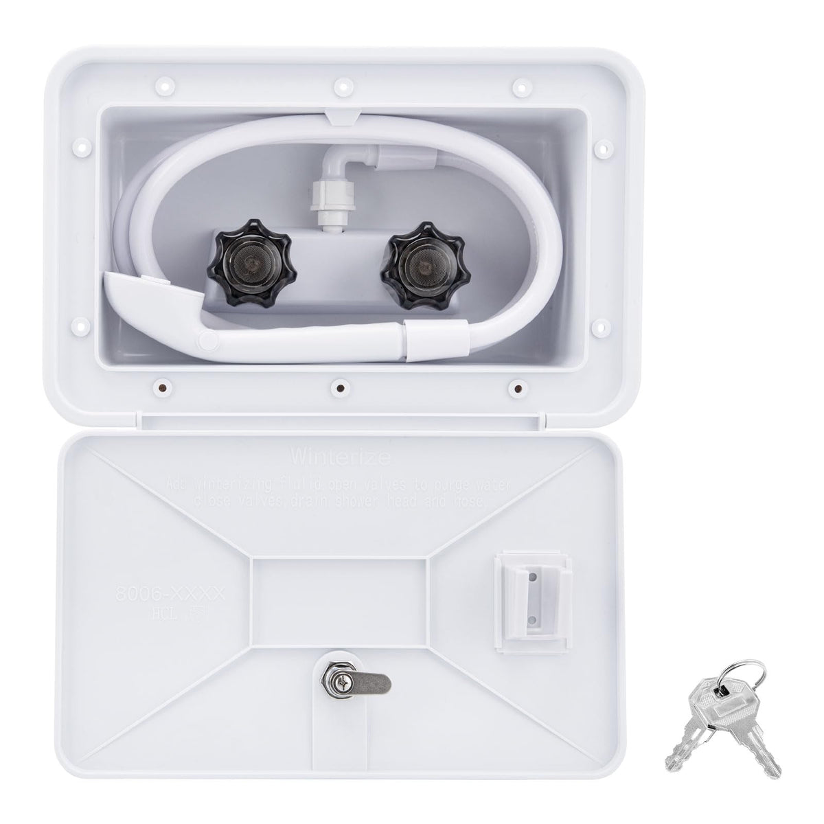 VECKYJL front exterior box mounted on RV showing durable white finish and protection