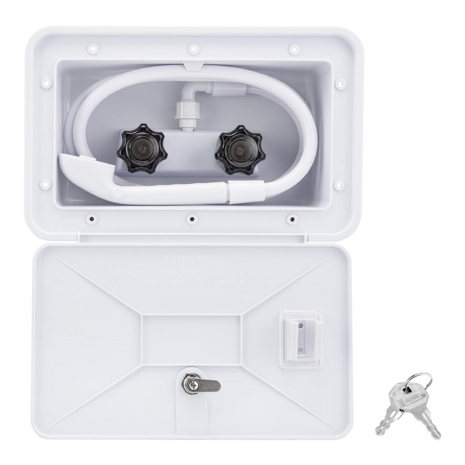 VECKYJL front exterior box mounted on RV showing durable white finish and protection