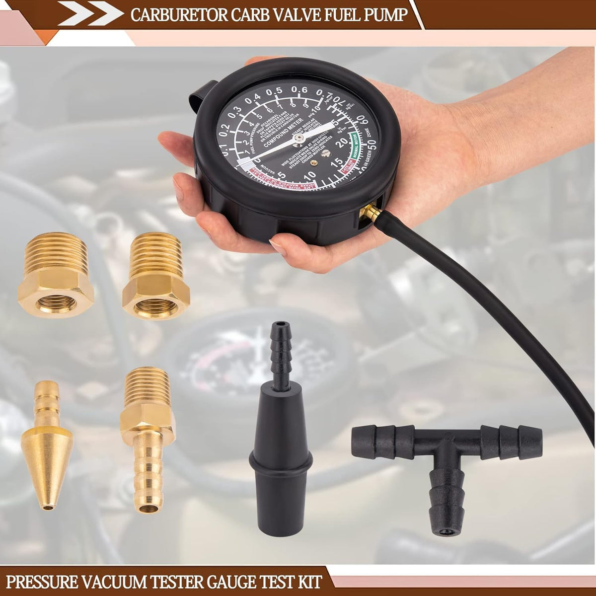 VECKYJL gauge connected to a vehicle fuel test port showing real-time pressure readout