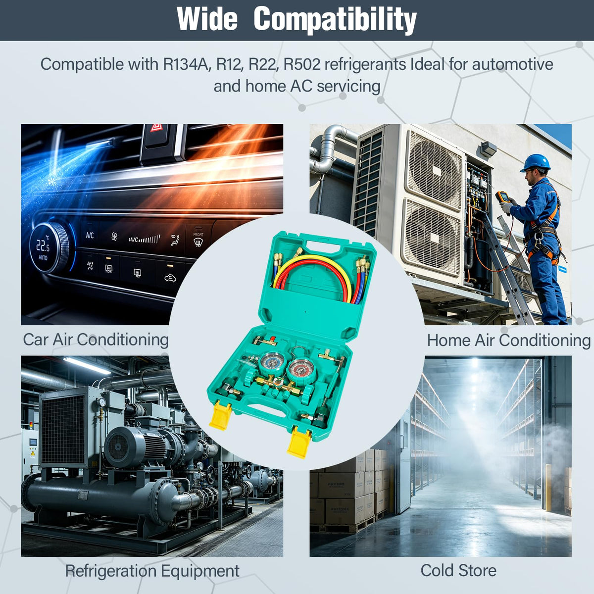 VECOTOOLS kit attached to car A/C system showing practical on-vehicle use benefit