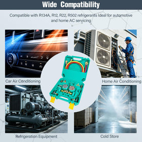 VECOTOOLS kit attached to car A/C system showing practical on-vehicle use benefit