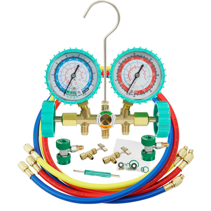 VECOTOOLS manifold front view showing brass body and handwheels for durable service