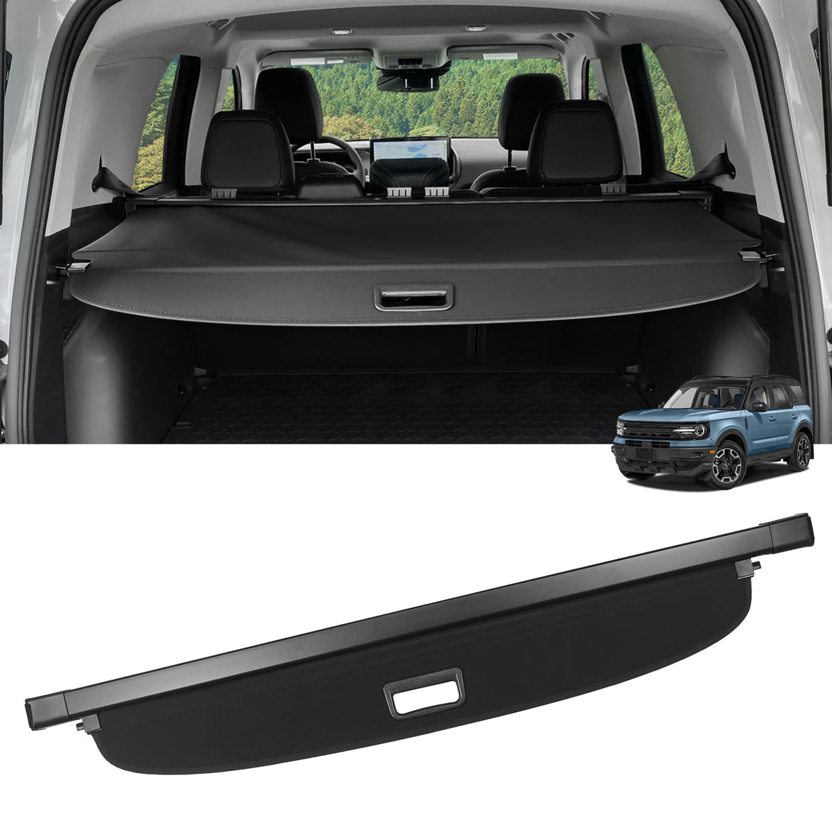 VEENJOY cargo cover front view installed in Ford Bronco Sport, neat concealed trunk benefit