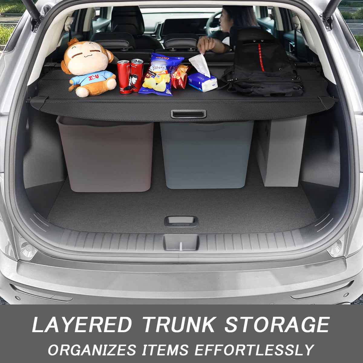 VEENJOY lifestyle rear view with groceries hidden showing secure out-of-sight benefit