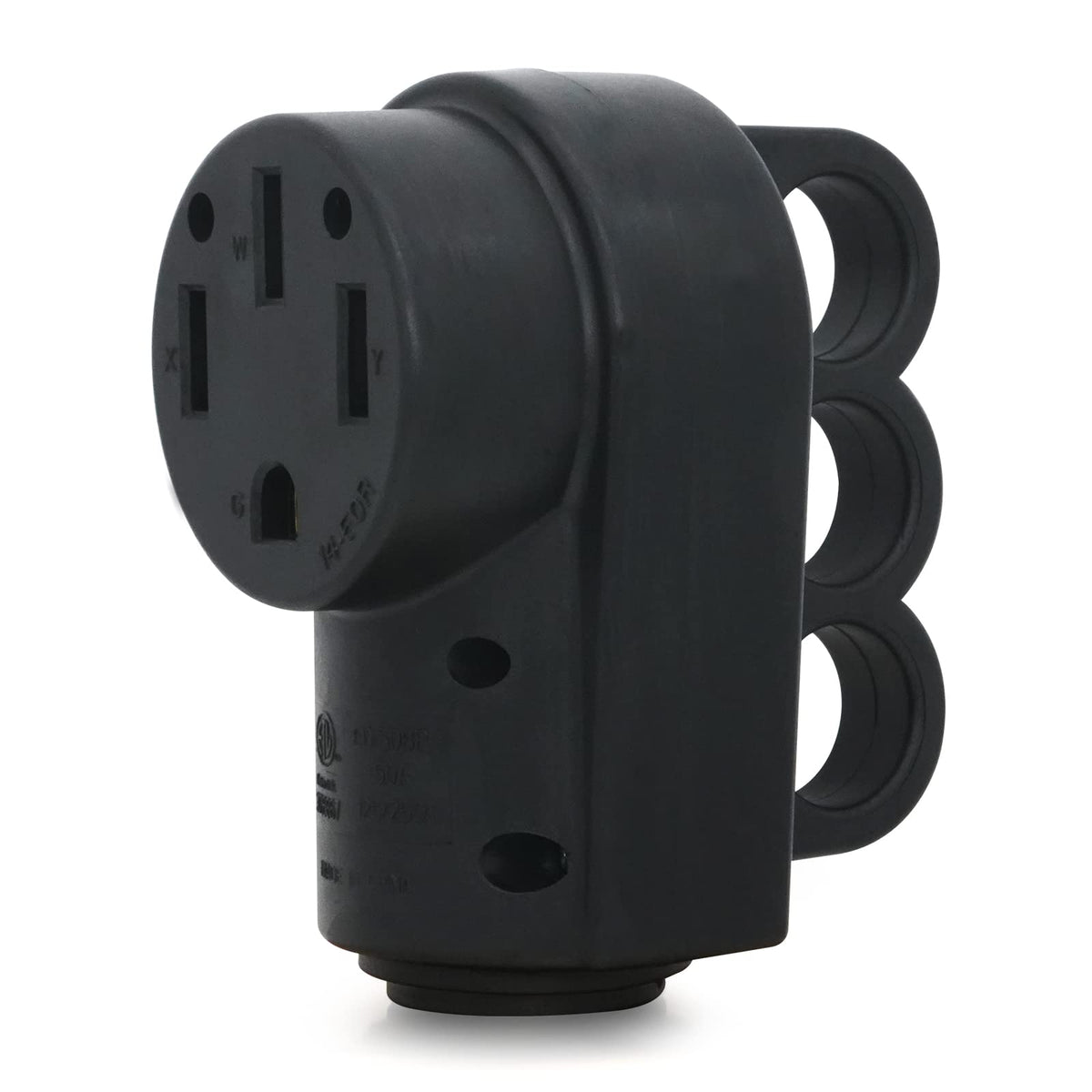 Veepeak front view of 50A receptacle showing durable housing and clear terminals benefit reliability