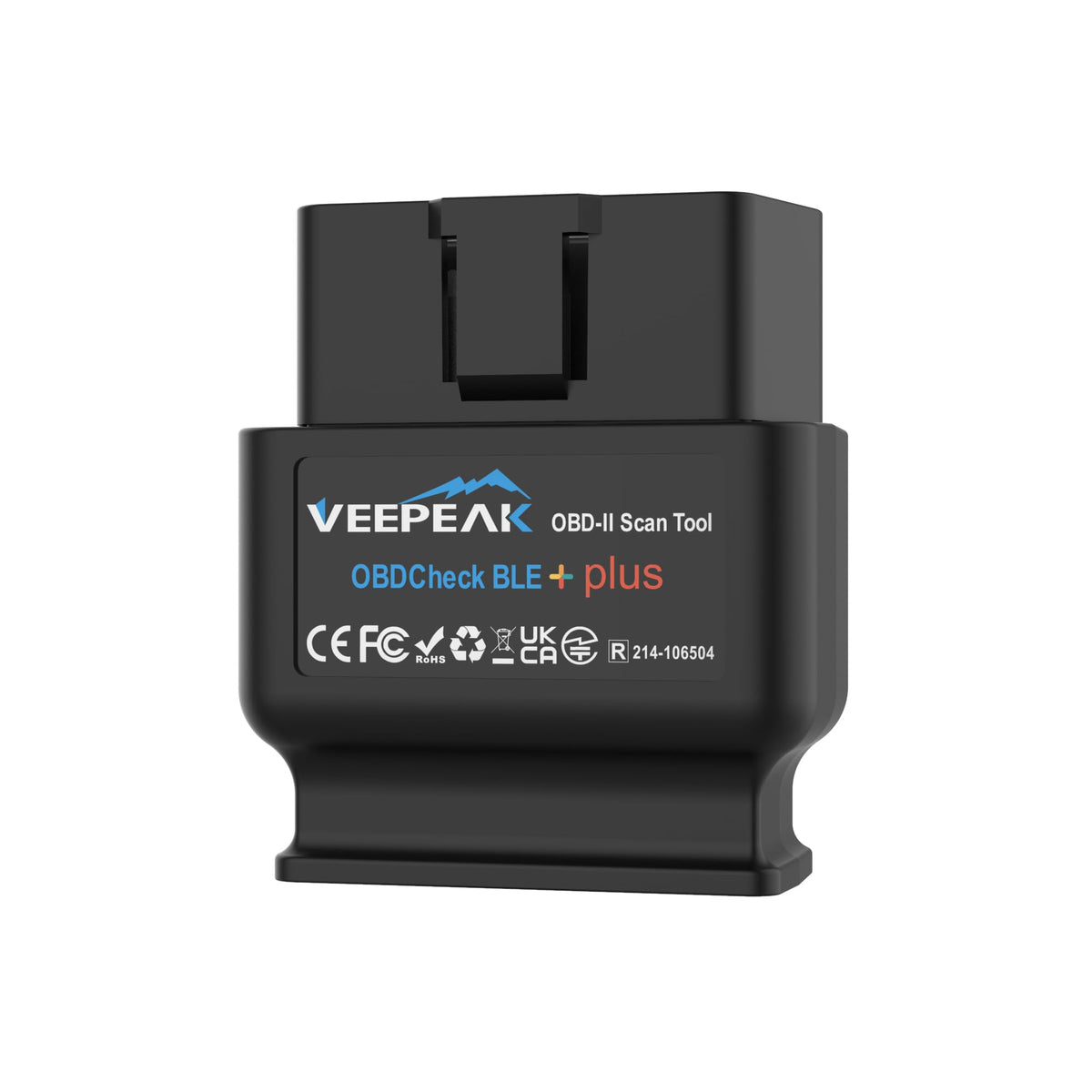 Veepeak OBDCheck BLE+ front view showing compact Bluetooth OBD-II adapter and easy storage benefit