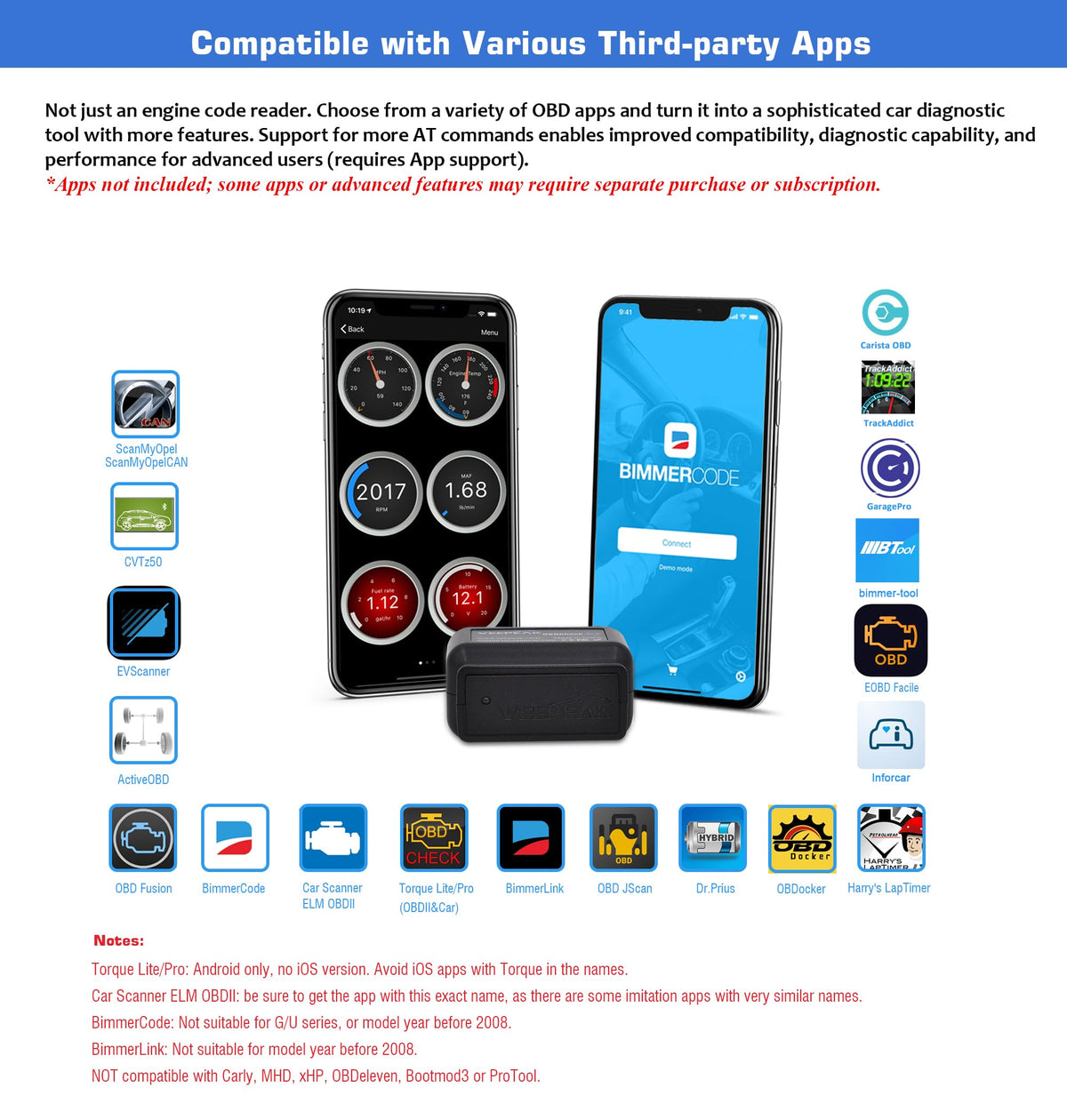 Veepeak OBDCheck BLE+ label on connector displaying model info and reliable identification