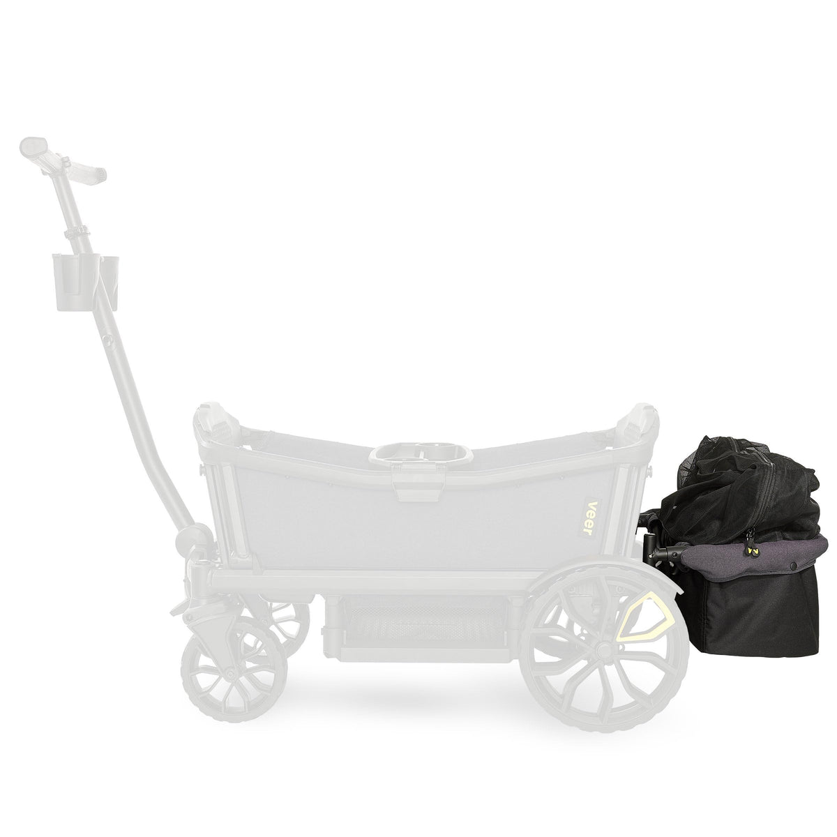 Veer rear basket next to stroller to show scale and added cargo space