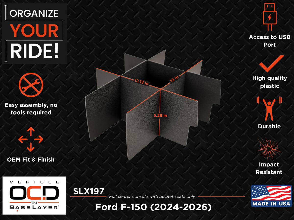Vehicle OCD lifestyle shot inside F150 cabin demonstrating clutter-free driving benefit