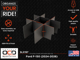 Vehicle OCD lifestyle shot inside F150 cabin demonstrating clutter-free driving benefit