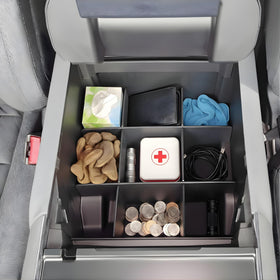 Vehicle OCD organizer holding phone, sunglasses, charger for fast retrieval benefit