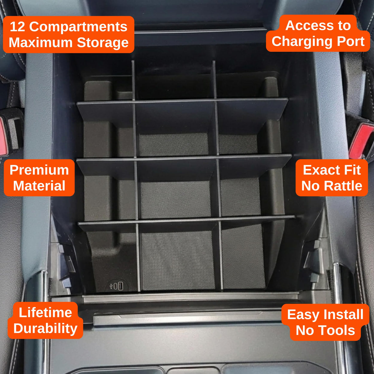 Vehicle OCD organizer paired with OEM upper tray for layered storage efficiency