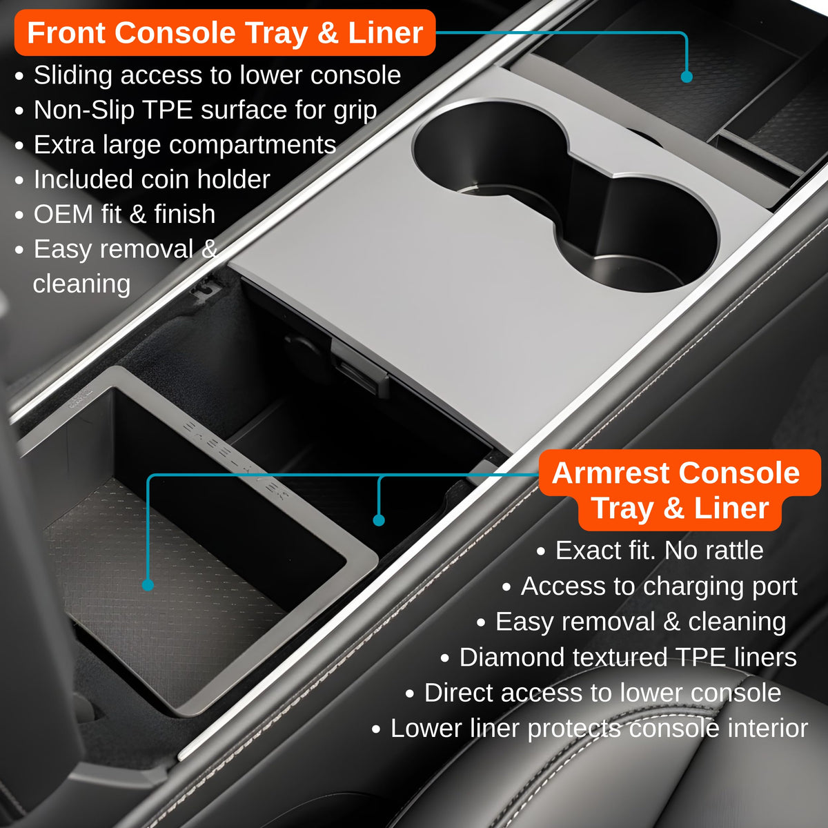 Vehicle OCD TPE liner bottom detail protecting console and reducing vibration
