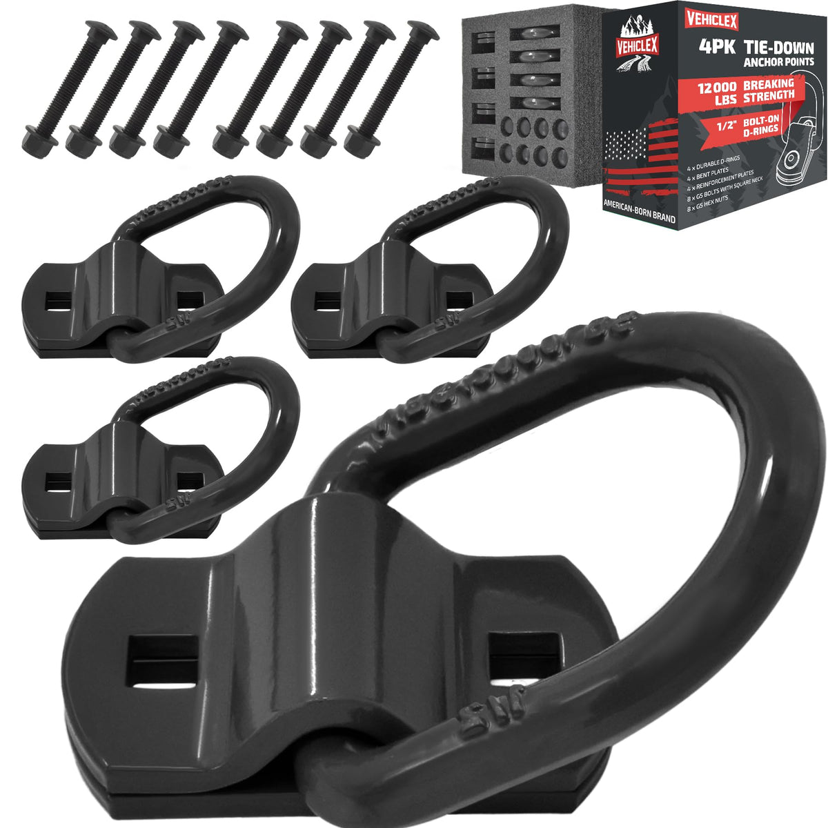 Vehiclex front view of 4-pack D-rings showing sturdy anchor points and durability