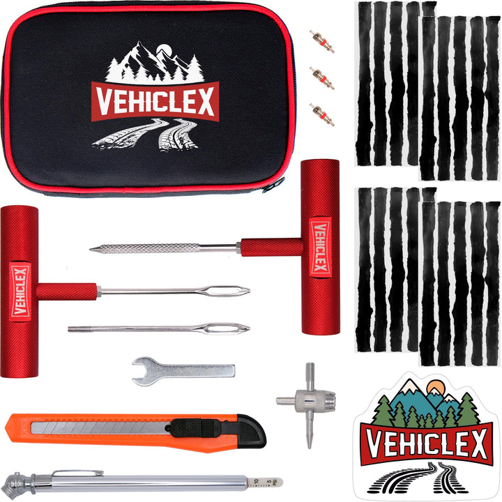 Vehiclex front packaging showing full emergency tire repair kit benefits