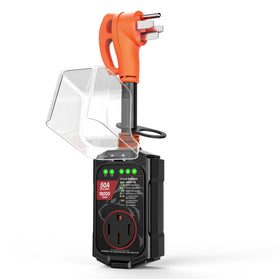 Vehiker front view of surge protector showing robust housing and ports for safe camping