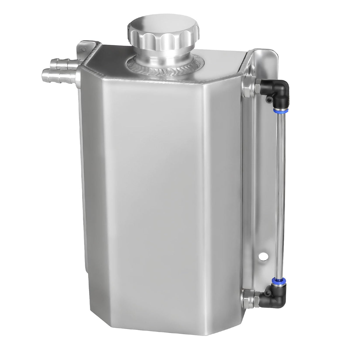 VehiMata front view of aluminum reservoir showing compact shape and durable finish