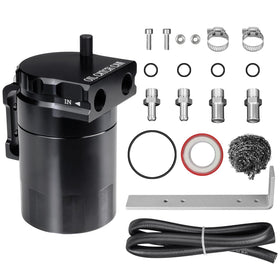 VehiMata front view of catch can showing inlet outlets and compact design benefit