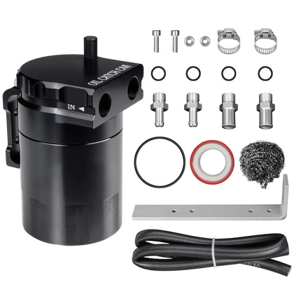 VehiMata front view of catch can showing inlet outlets and compact design benefit