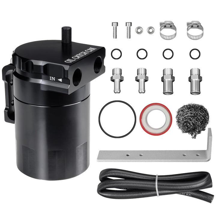 VehiMata front view of catch can showing inlet outlets and compact design benefit