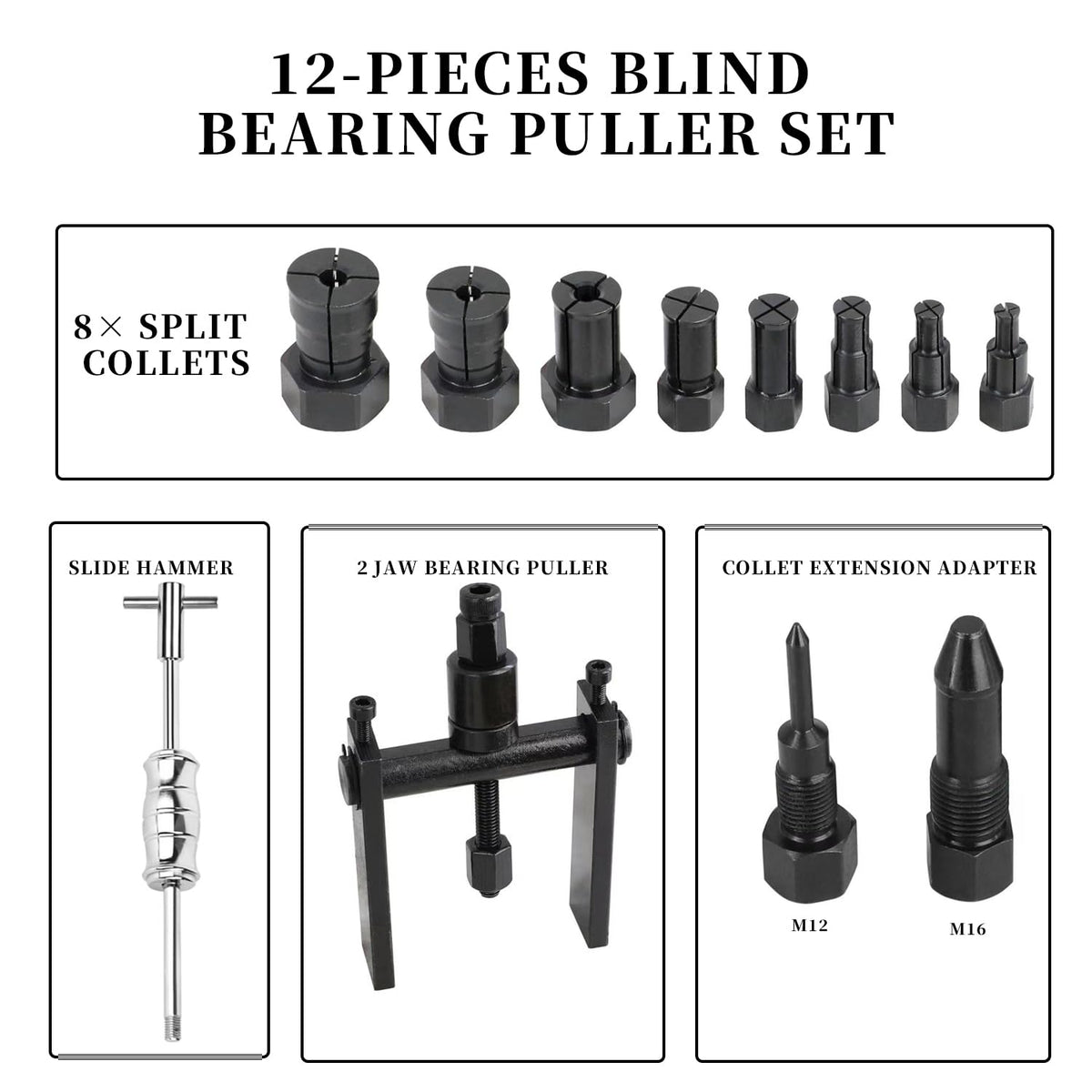 VEHIRETL expanding collets close-up showing sizes and durable alloy-steel finish