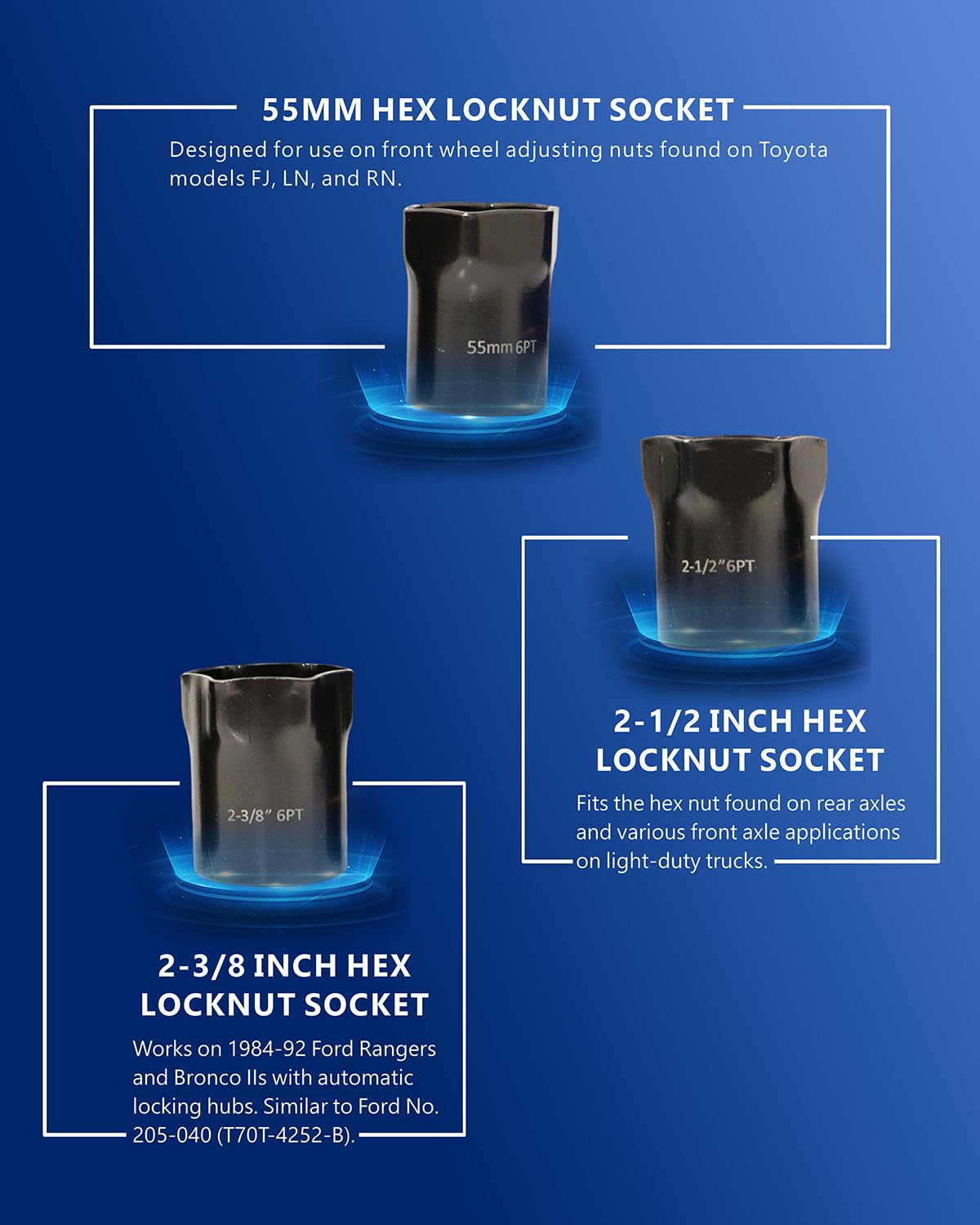 VEHIRETL socket ends with stamped sizes for fast identification and proper tool choice