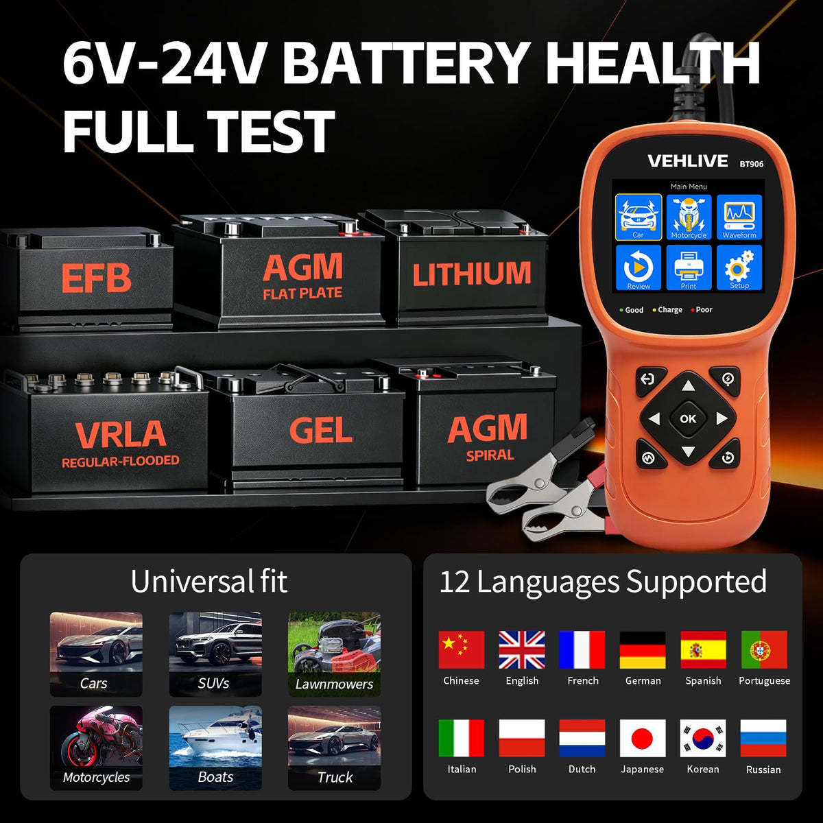 VEHLIVE BT906 box with user manual highlighting upgrade and print features